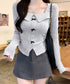 リボンニットトップス スクエアネック秋服 リブニットプルオーバーレディース セクシーニットカットソー フロントスリットニット 柔らかい大人可愛いトップス長袖 秋冬 6YULICHU-001